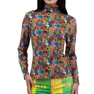 BruceGlen Psych Floral Turtleneck Top Multicolor Retro Long Sleeve XXL NEW